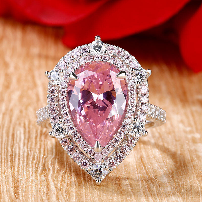 Jeulia Double Halo Pear Cut Pink Stone Sterling Silver Ring