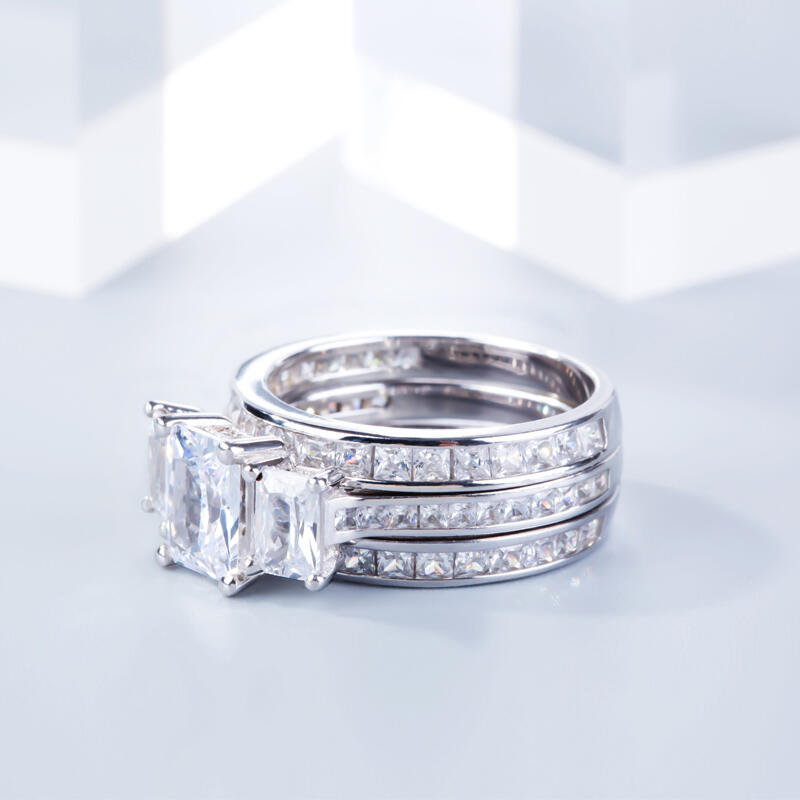 Jeulia 3PC Three Stone Radiant Cut Sterling Silver Ring Set