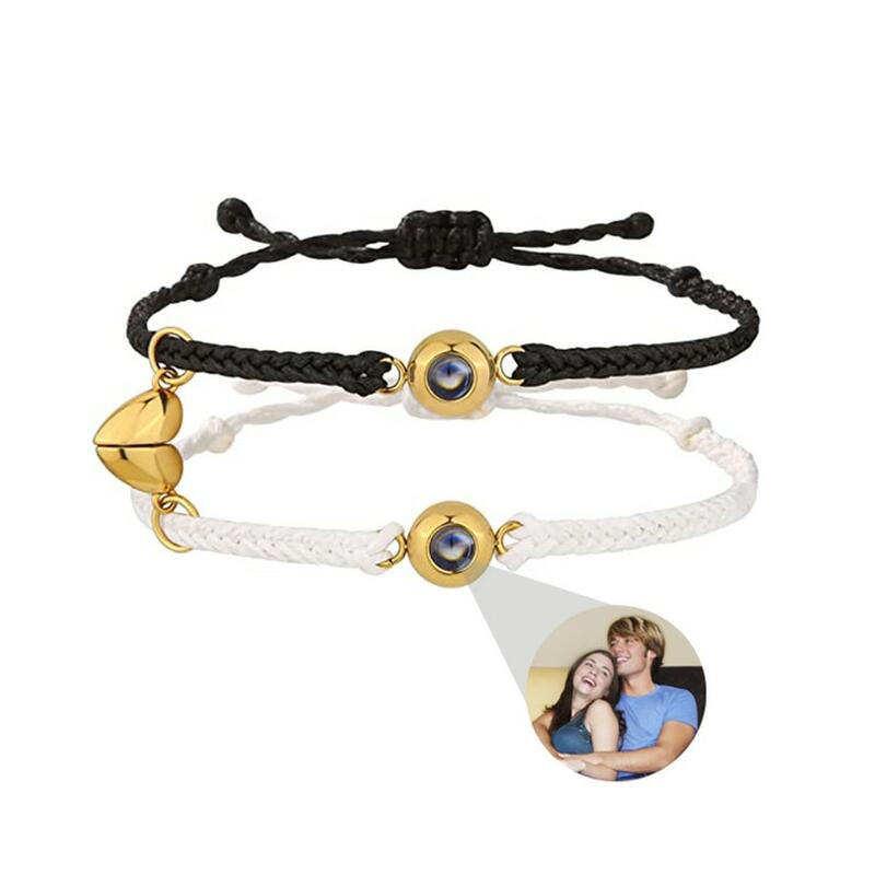 Personalized Black and White Rope Magnet Picture Projection Bracelet Women's and Men's Gift