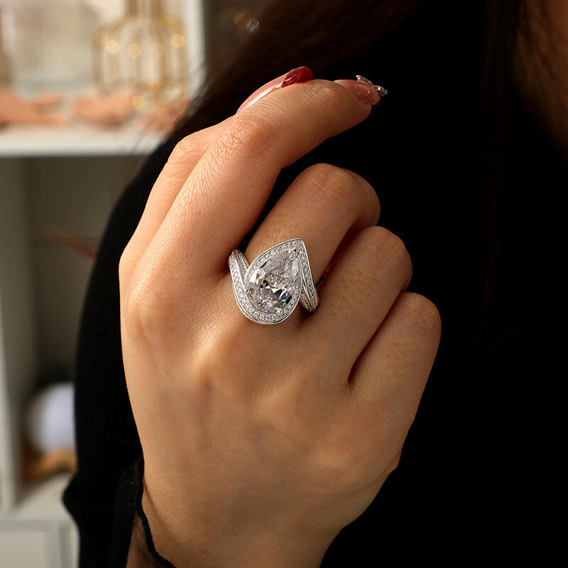 Jeulia Anillo de Boda Civil de Plata de Ley con Halo de Corte Pera para Mujer