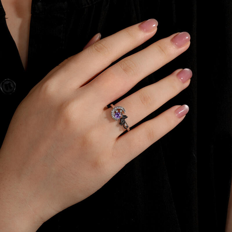 Jeulia Custom Black Cat Moon and Star Ring With Birthstone