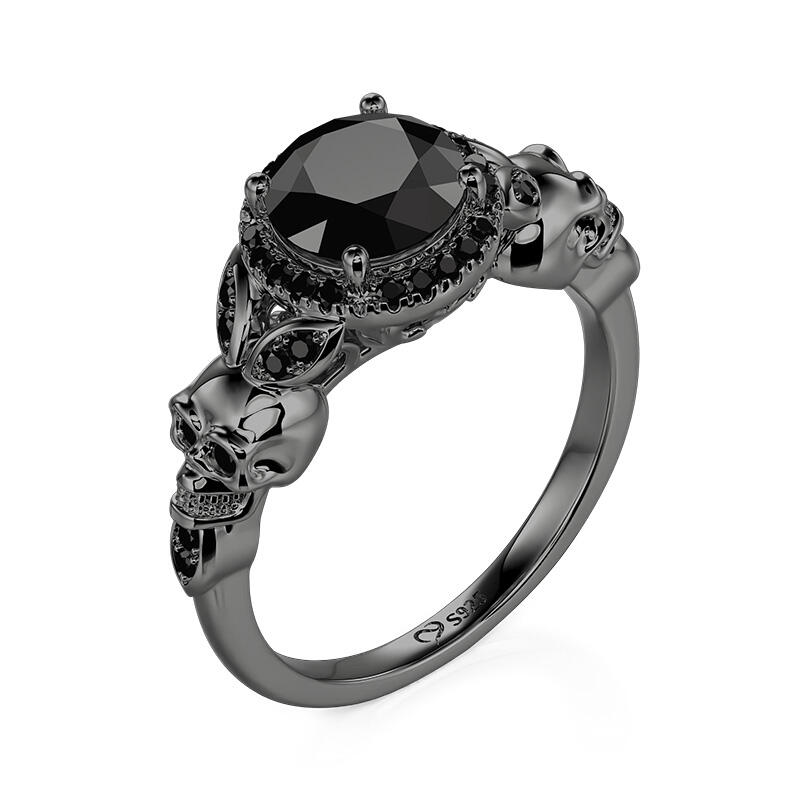 Jeulia Gothic Halo Round Cut Black Skull Ring Sterling Silver
