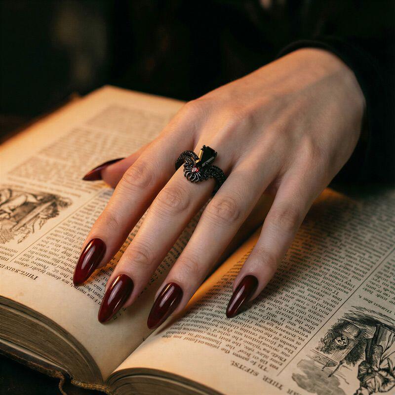Gothic Black Spider Coffin Cut Engagement Ring Set