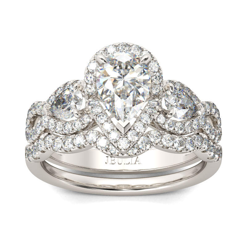 Jeulia Three Stone Twist Pear Cut Sterling Silver Ring Set