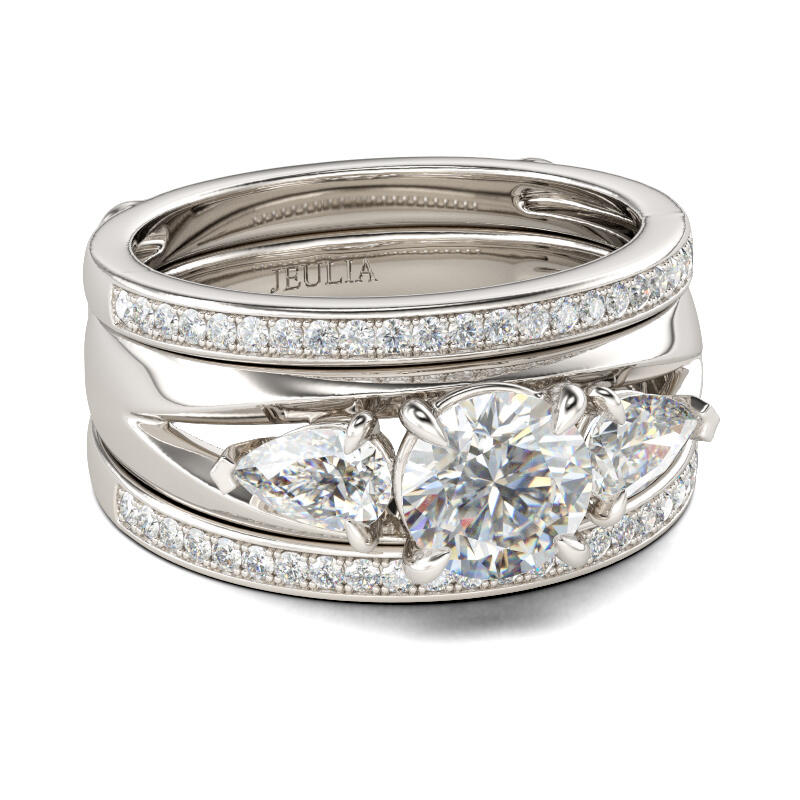 Jeulia Three Stone Round Cut Enhancer Sterling Silver Ring Set