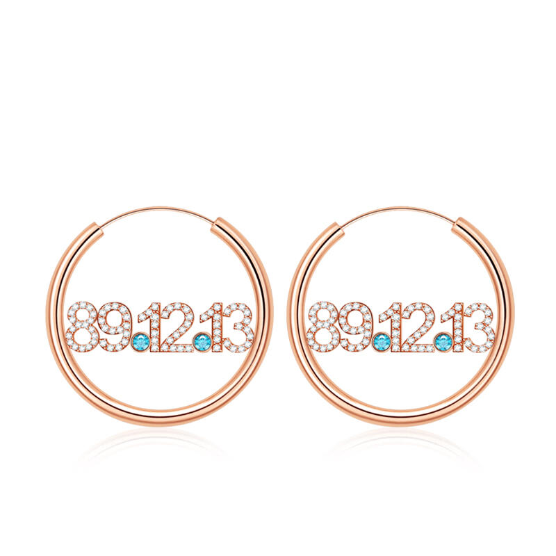 Birthday Custom Diamond Date Birthstone Hoop Earrings