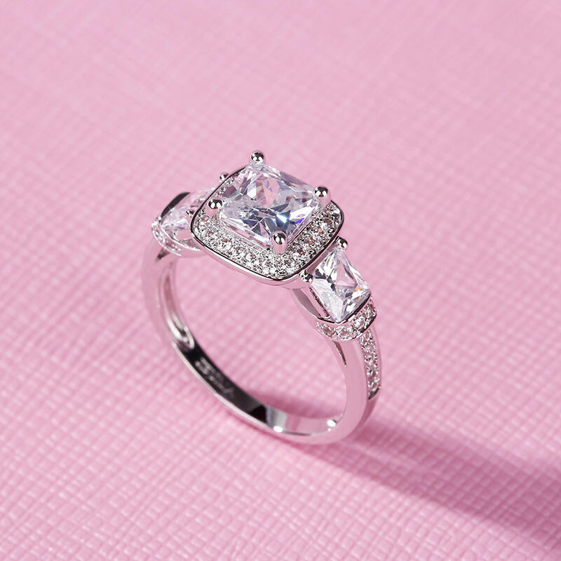 Jeulia Three Stone Halo Princess Cut Sterling Silver Ring