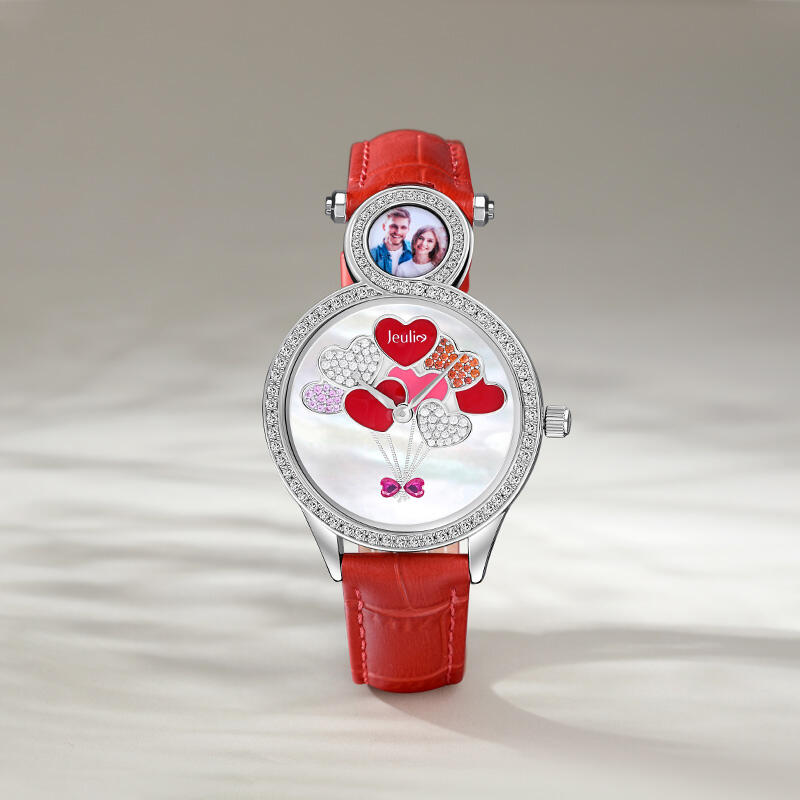 Jeulia Orologio da donna con foto personalizzata e palloncino a forma di cuore con quadrante in madreperla
