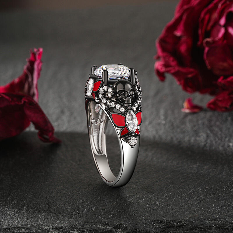 Jeulia ヴィンテージ ブラック スカル バタフライ ウェディングリング スターリングシルバー