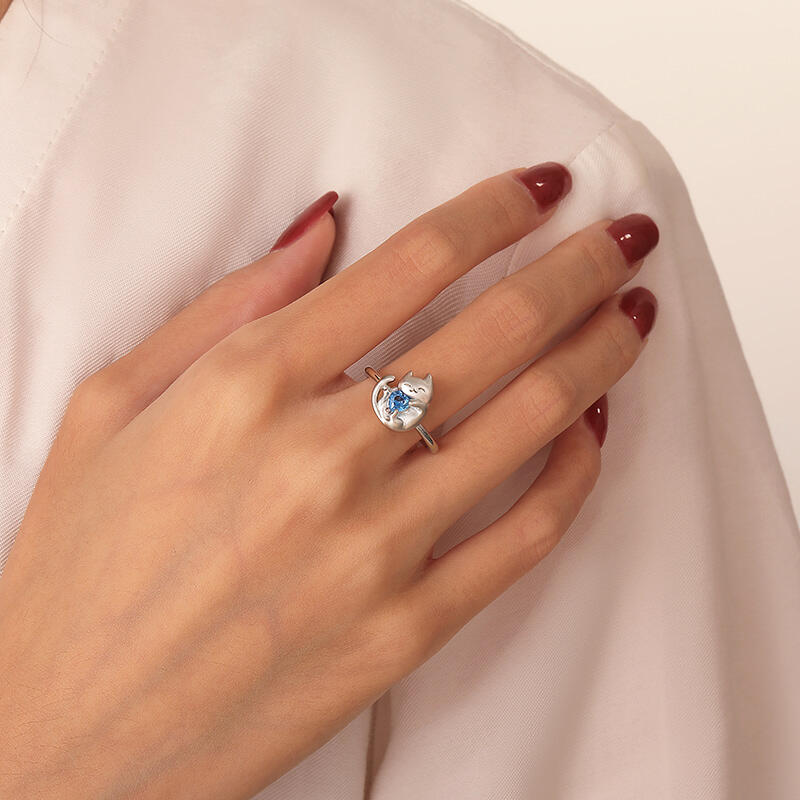 Jeulia Anel Fofo Gato com Pedra Azul em Forma de Coração