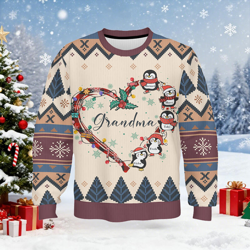 Personalisierter hässliche Weihnachtspullover Unisex Individueller Spitzname Niedliches Pinguin-Design für Kinder Perfektes Weihnachtsgeschenk für die Familie