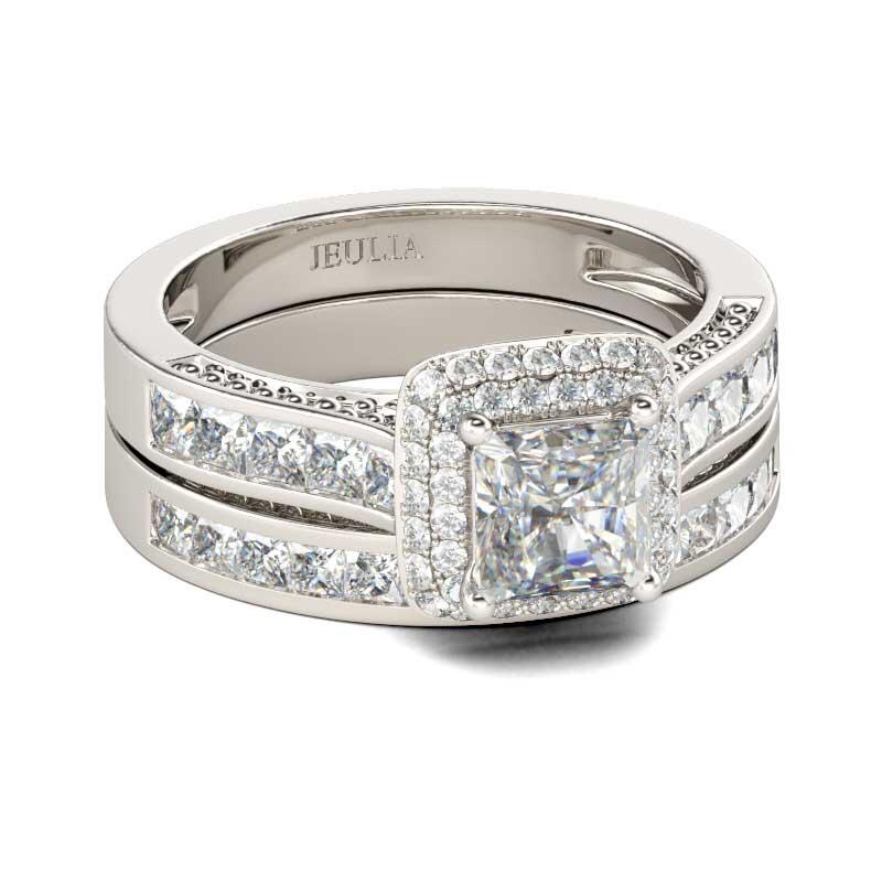 Jeulia Conjunto De Anillos Con Doble Halo De Talla Princesa En Plata De Ley
