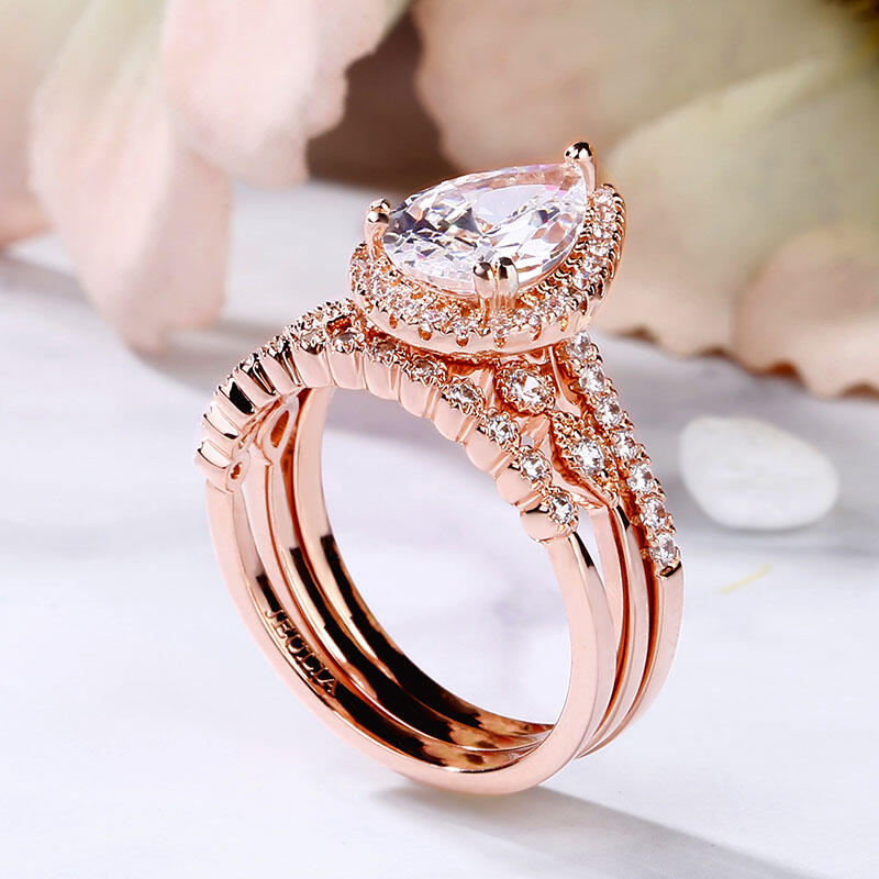Jeulia 3PC Halo Pear Cut Sterling Silver Ring Set