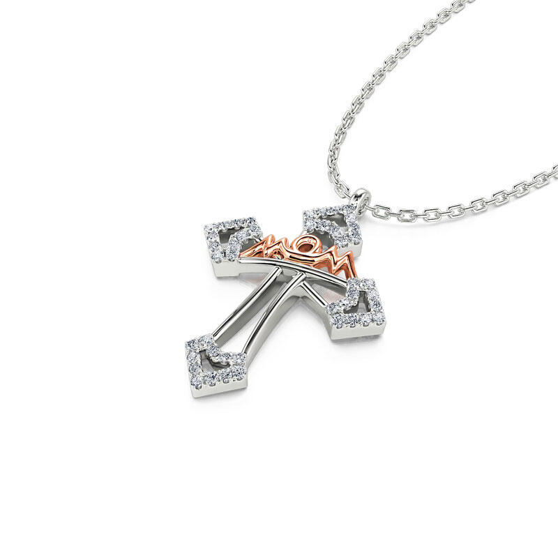 Jeulia "Mom Bless You" Mom Cross Sterling Silver Necklace