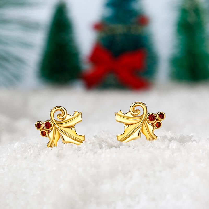 Jeulia "Everlasting Mistletoe" Gold Tone Sterling Silver Stud Earrings