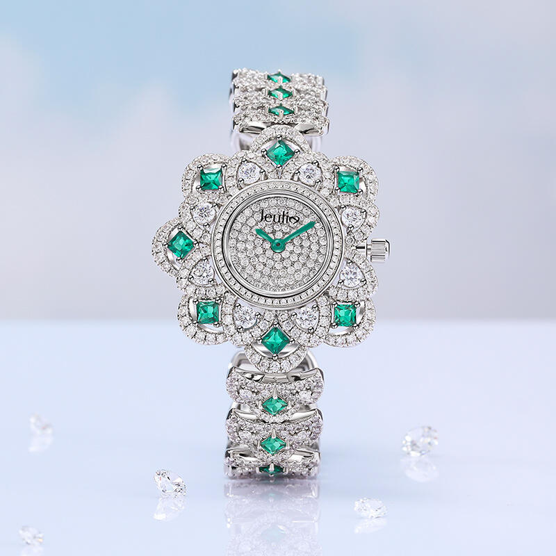 Jeulia "Extreme Brilliance" Floral Design Round Case Quartz Women's Wristwatch