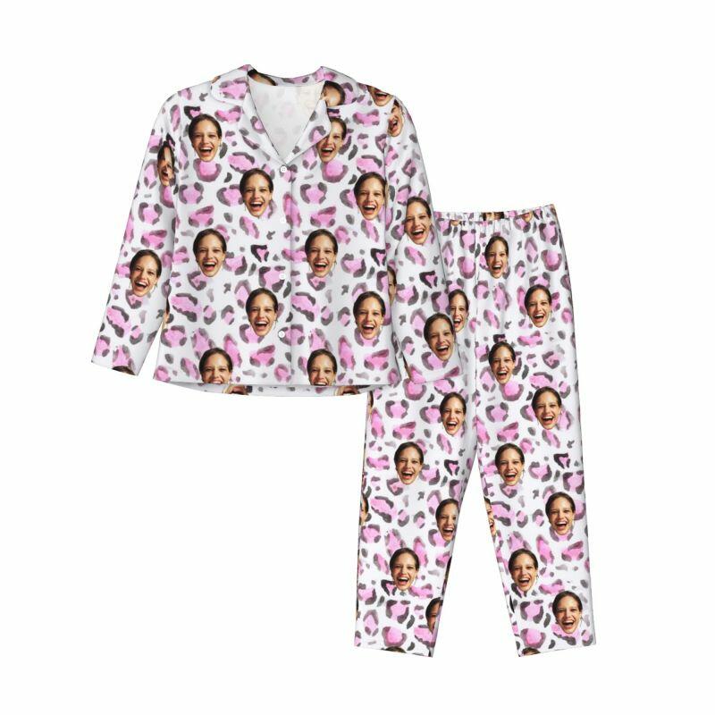 Personalized Pajamas Custom Photo Pinkish Purple Leopard Print Design Exquisite Gift for Her
