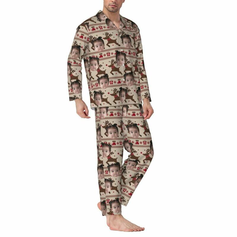 Personalisierte Pyjamas mit individuellem Kinderfoto Rentier Weihnachtsstimmung Muster Design Geschenk für die Familie