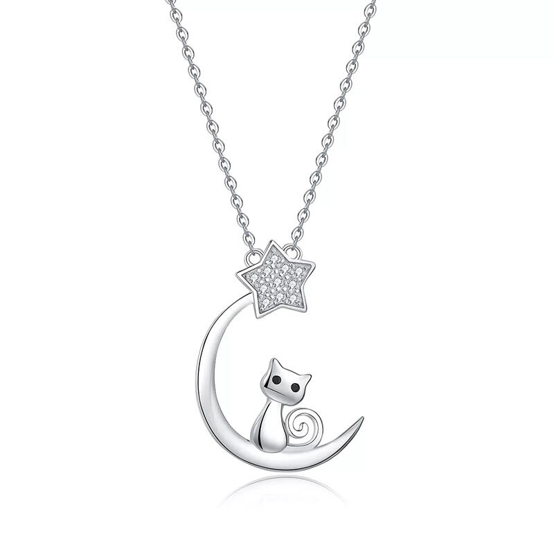 Jeulia Classic Moon and Star Cat Necklace Sterling Silver