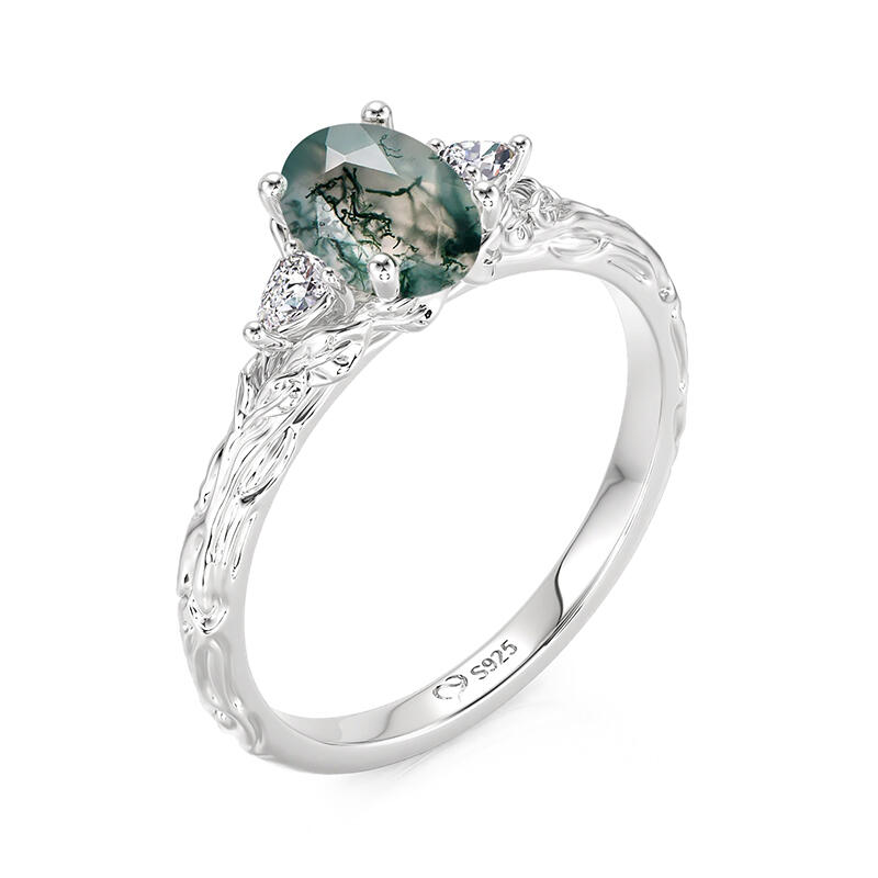 Jeulia Three Stone Moss Agate Wedding Ring