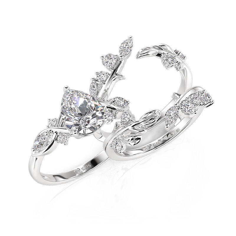 Jeulia Leaf Twist Sparkling Pear Shaped Ring Set