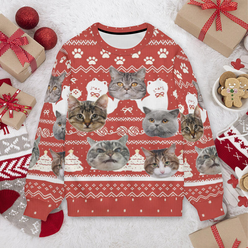 Pull moche personnalisé unisexe avec photo de tête de chat adorable cadeau de Noël pour les amoureux des animaux