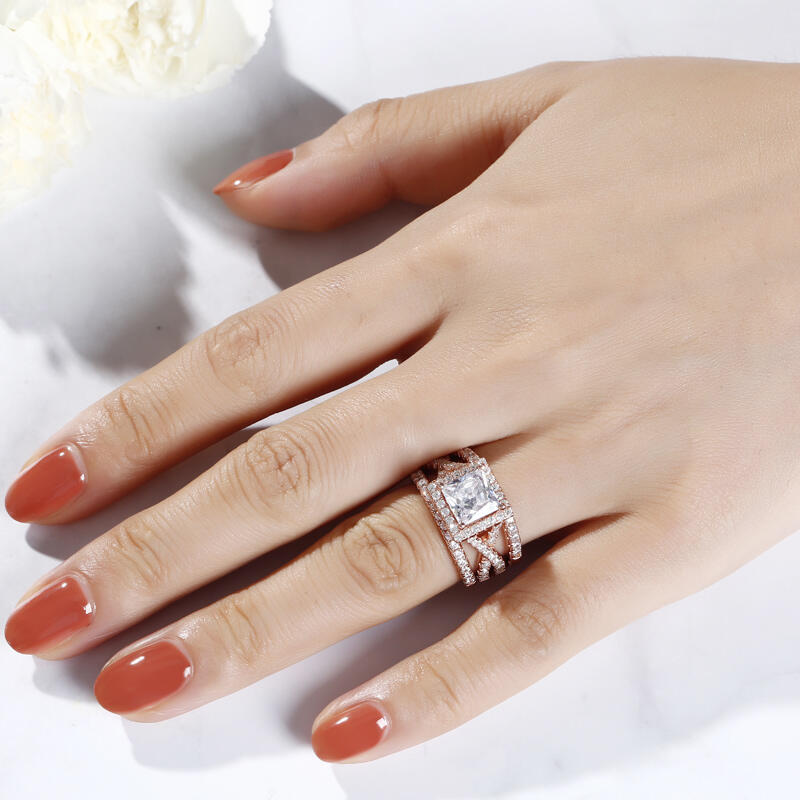 Jeulia 3PC Halo Princess Cut Sterling Silver Ring Set