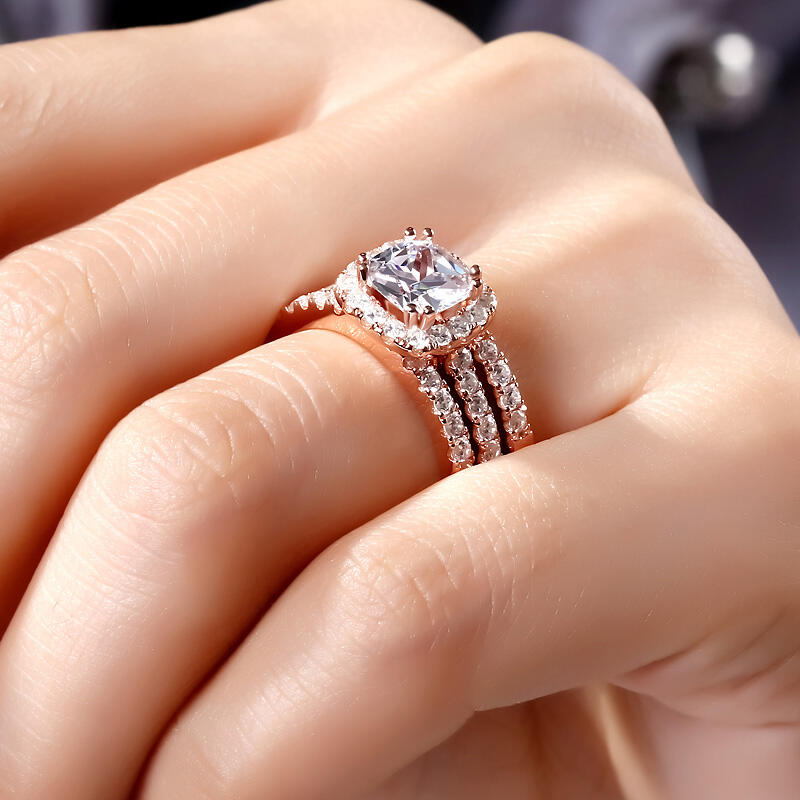 Jeulia 3PC Rose Gold Tone Halo Cushion Cut Sterling Silver Ring Set