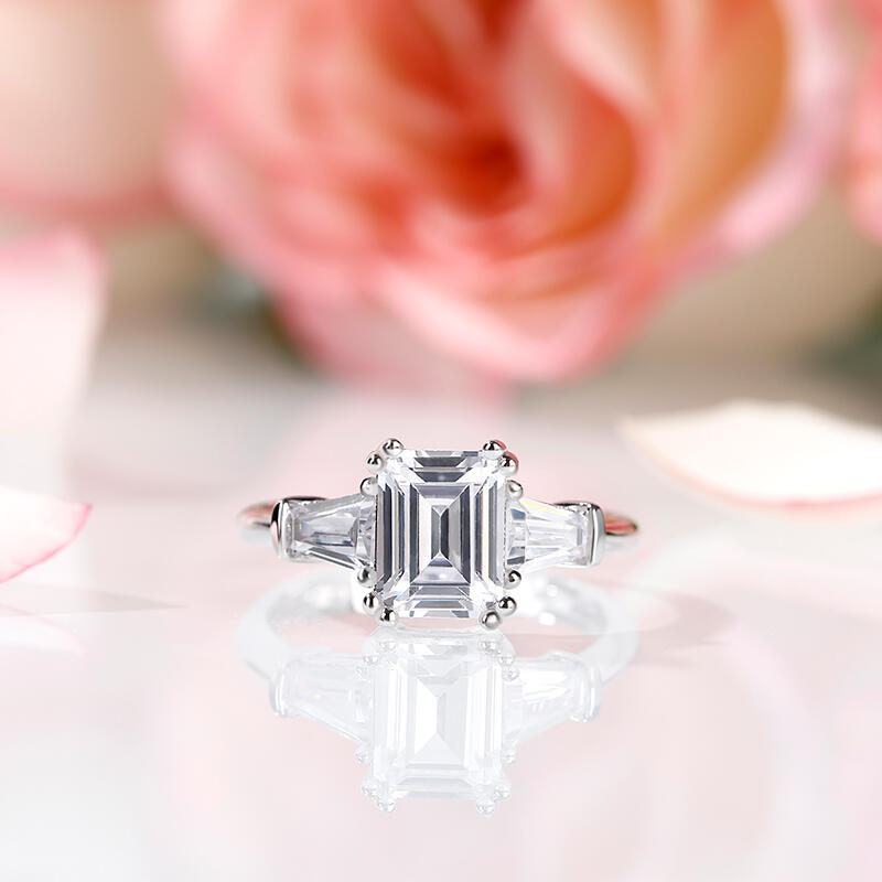 Jeulia Three Stone Emerald Cut Sterling Silver Ring