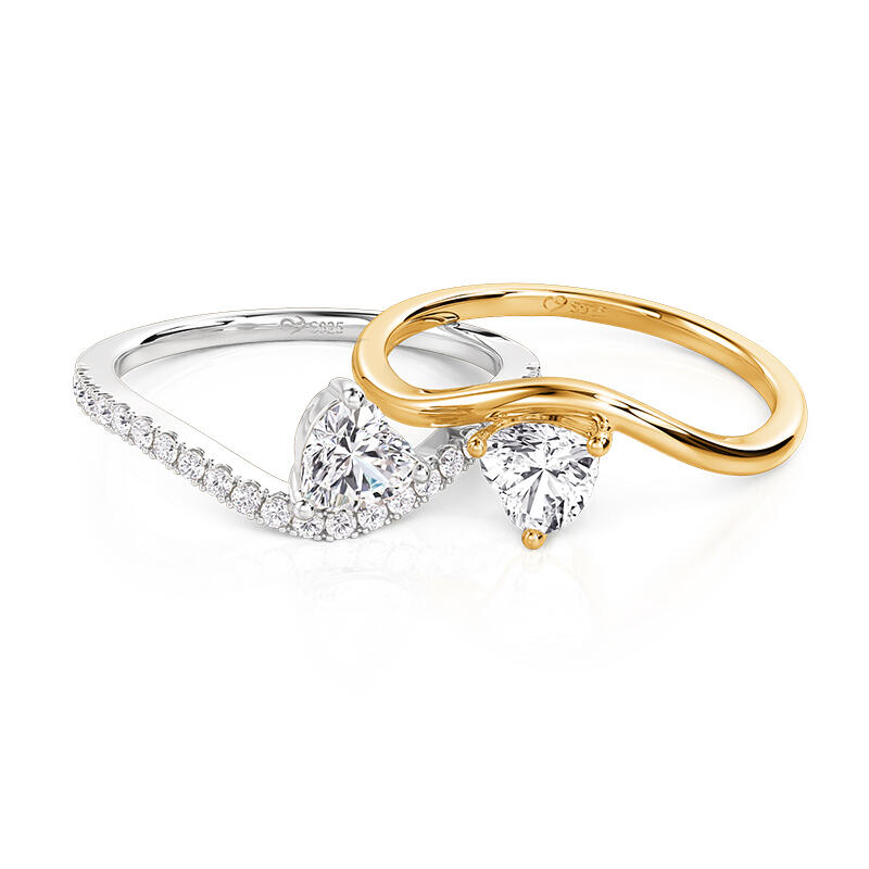 Jeulia Unique Two Tone Double Heart Ring Set Sterling Silver