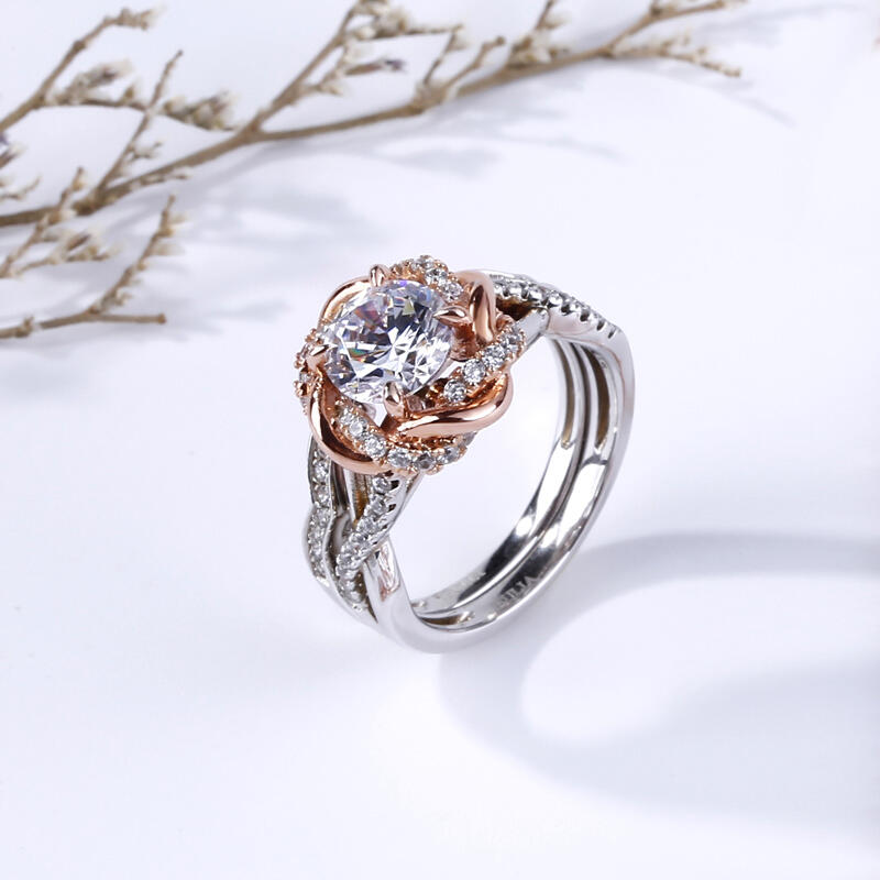 Jeulia Two Tone Twist Floral Round Cut Sterling Silver Ring Set