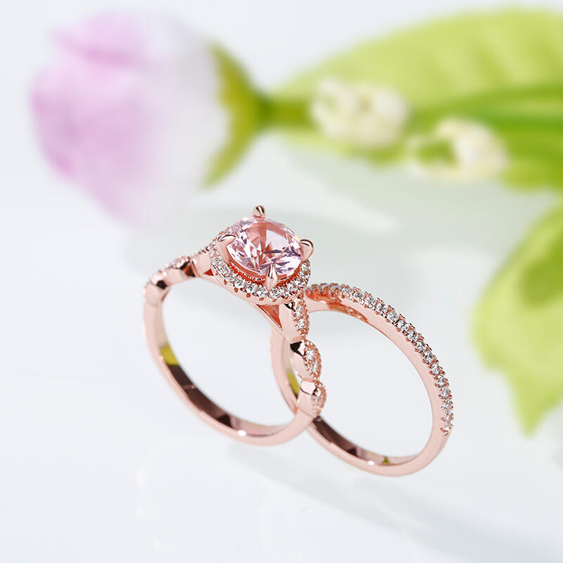 Jeulia Juego de anillos de plata esterlina de corte redondo milgrain Halo