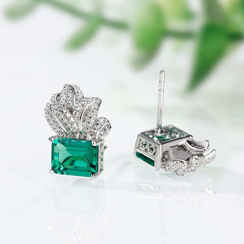 Jeulia Leaf Design Emerald Cut Sterling Silver Earrings