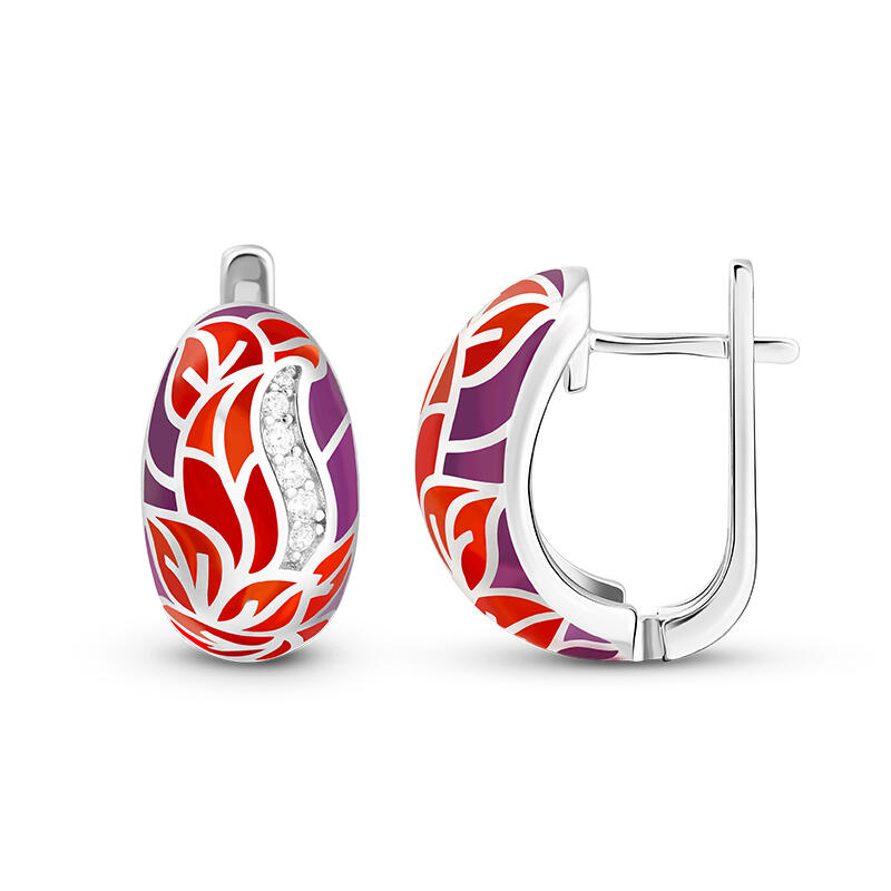 Jeulia "Flourishing Leaves" Multicolored Enamel Sterling Silver Hoop Earrings