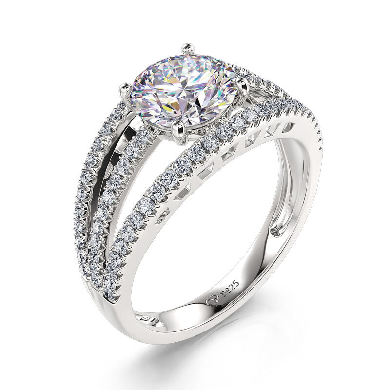 Jeulia Anillo de Compromiso de Plata de Ley de Corte Redonda con Vástago Dividido y Pavé