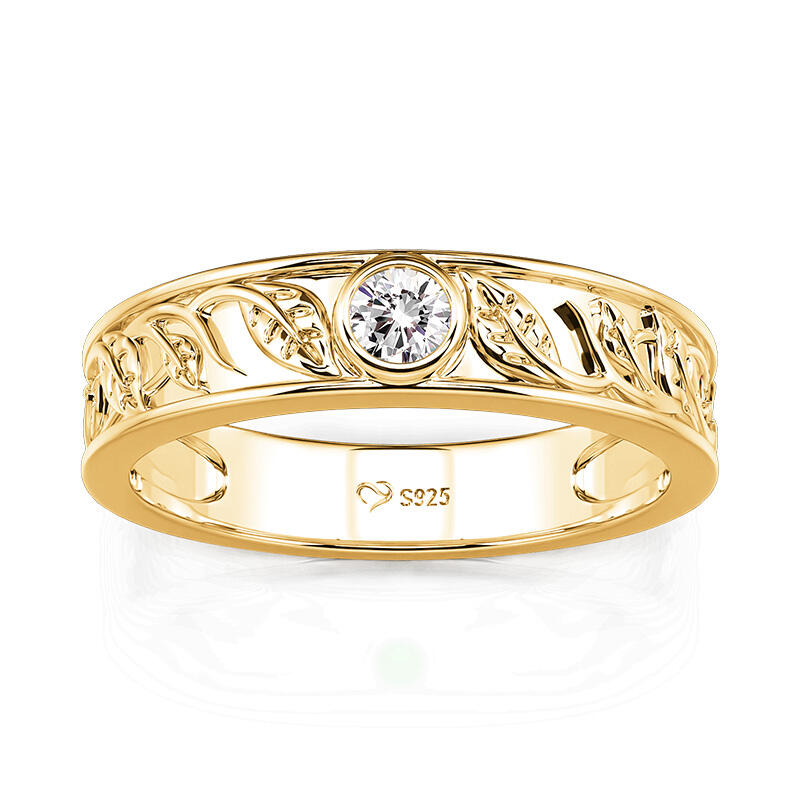 Jeulia Leaf-Engraved Gold Round Solitaire Wedding Ring For Men