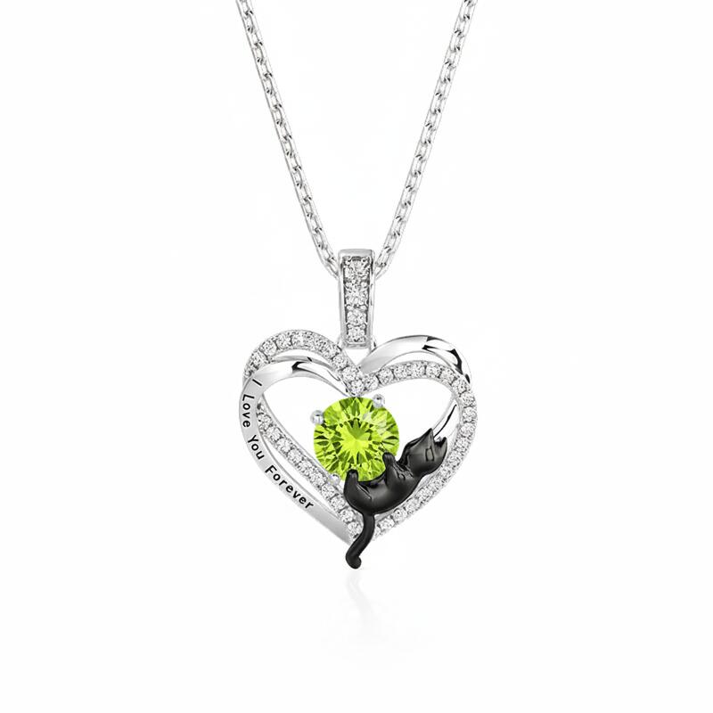 Jeulia Custom Black Cat Double Heart Necklace With Birthstone