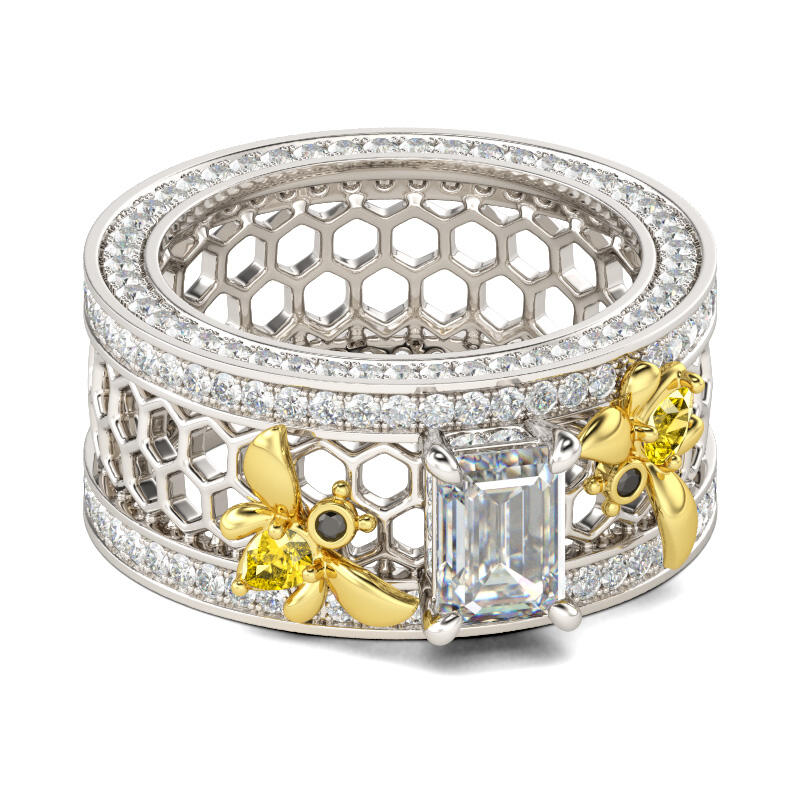 Jeulia Two Bee Emerald Cut Sterling Silver Ring