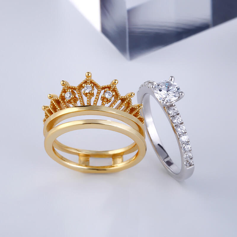 Jeulia Two Tone Crown Round Cut Sterling zilveren ringset