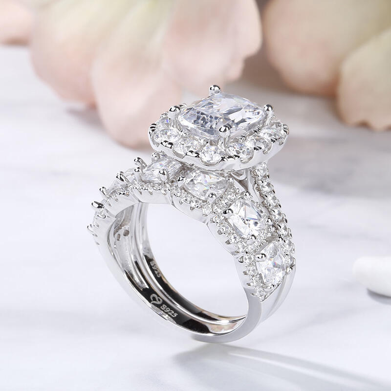 Jeulia Halo Cushion Cut Sterling Silver Ring Set