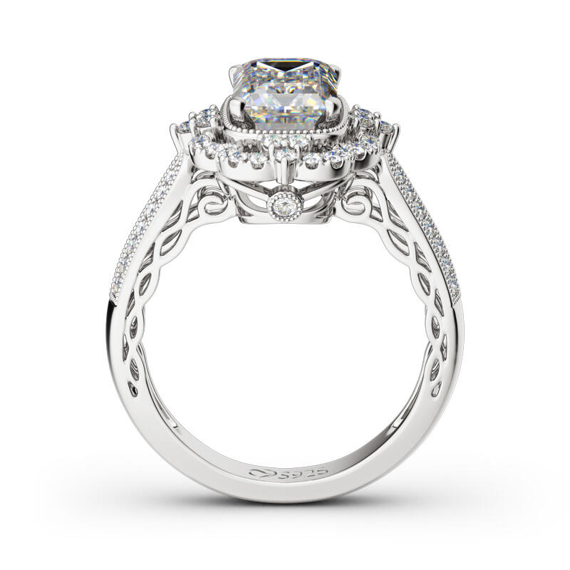 Jeulia Vintage Halo Emerald Cut Sterling Silver Ring