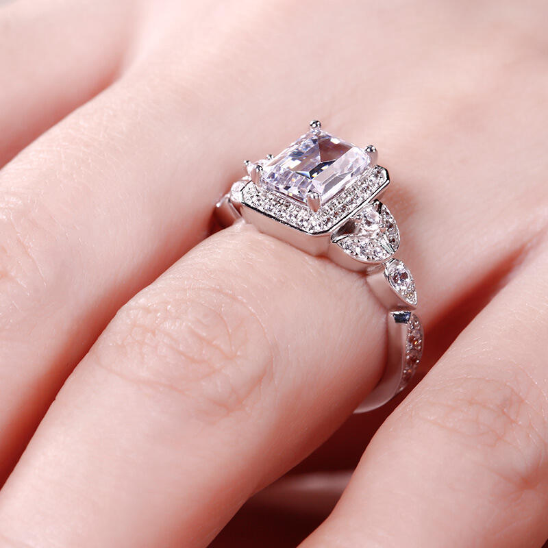 Jeulia Leaf Design Emerald Cut Sterling Silver Ring