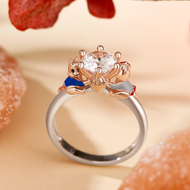 Jeulia Hug Me "Happiness Is a Warm Hug" Chipmunk Couple Sterling Silver Ring