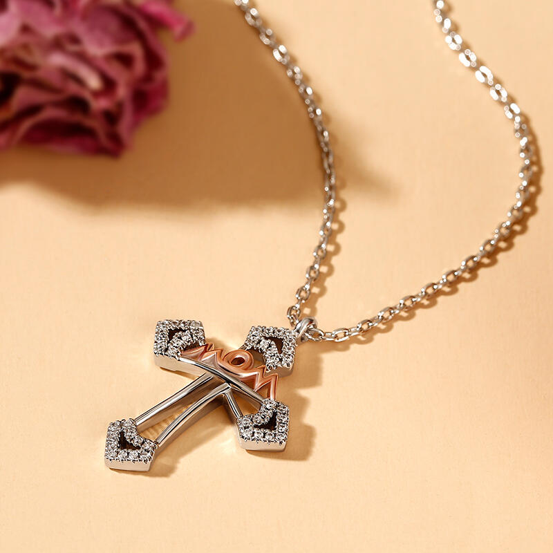 Jeulia "Mom Bless You" Mom Cross Sterling Silver Necklace