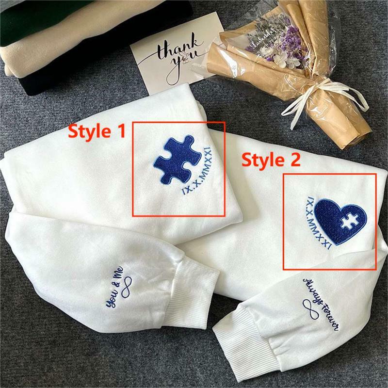 Sweatshirt personnalisé brodé d'un coeur et d'un puzzle avec date en chiffres romains pour l'anniversaire de l'amoureux