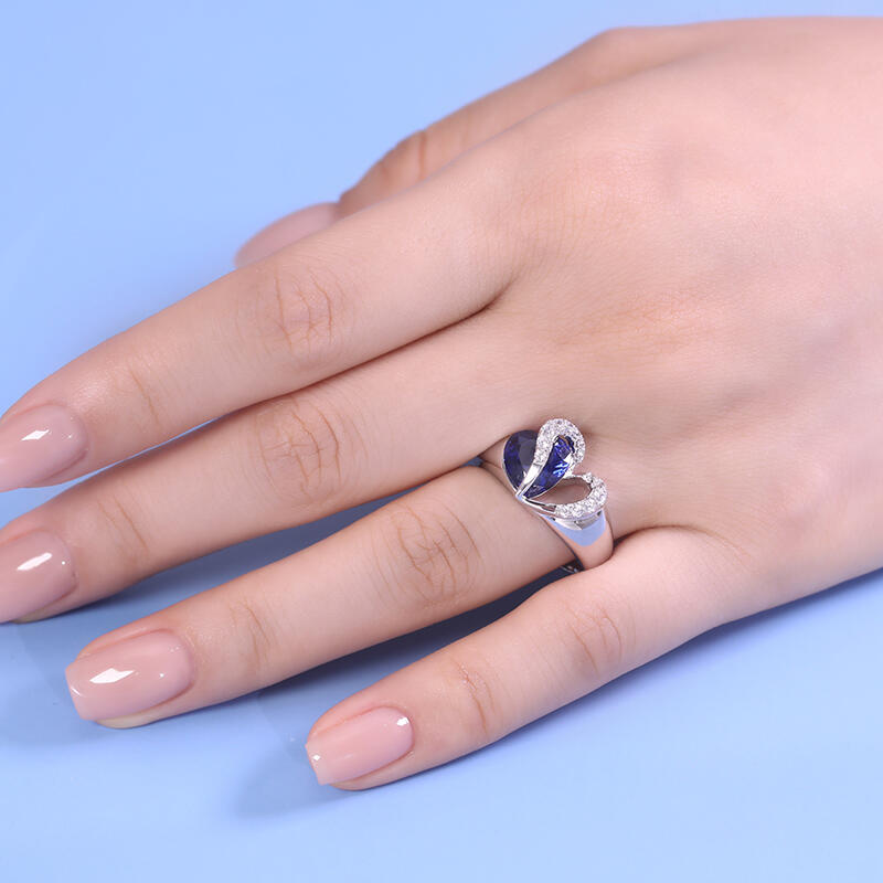 Jeulia "Vibration" Two Heart Sapphire Ring Hollow Design Sterling Silver