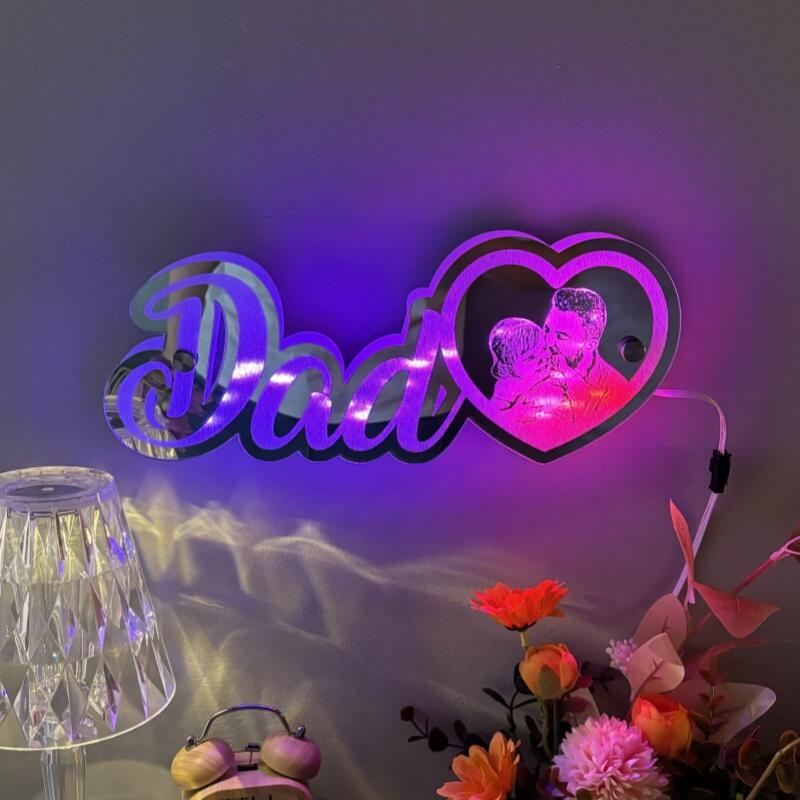 カスタムイズ 写真入り ハート ミラー 発光 ライト 壁掛け 屋内装飾 リモコン付き 壁フック付き お父さんへのプレゼント