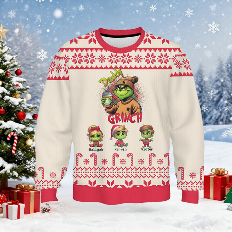 Personalized Ugly Sweater Unisex Daddy Grinch Custom Kids Cartoon Design Perfect Christmas Gift for Father