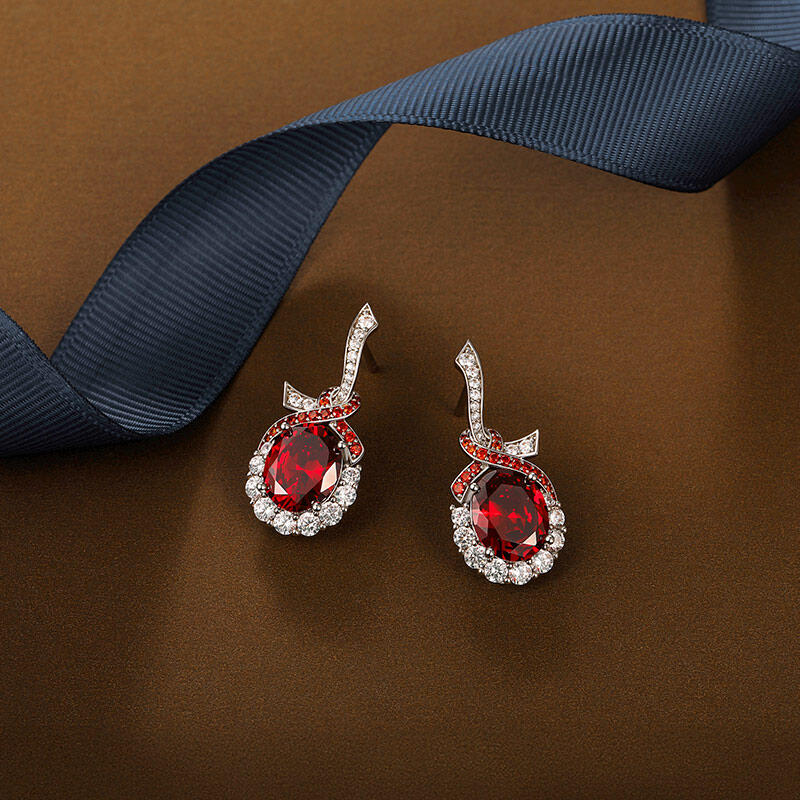Jeulia Red Ribbon Wrapped Oval Cut Earrings Sterling Silver