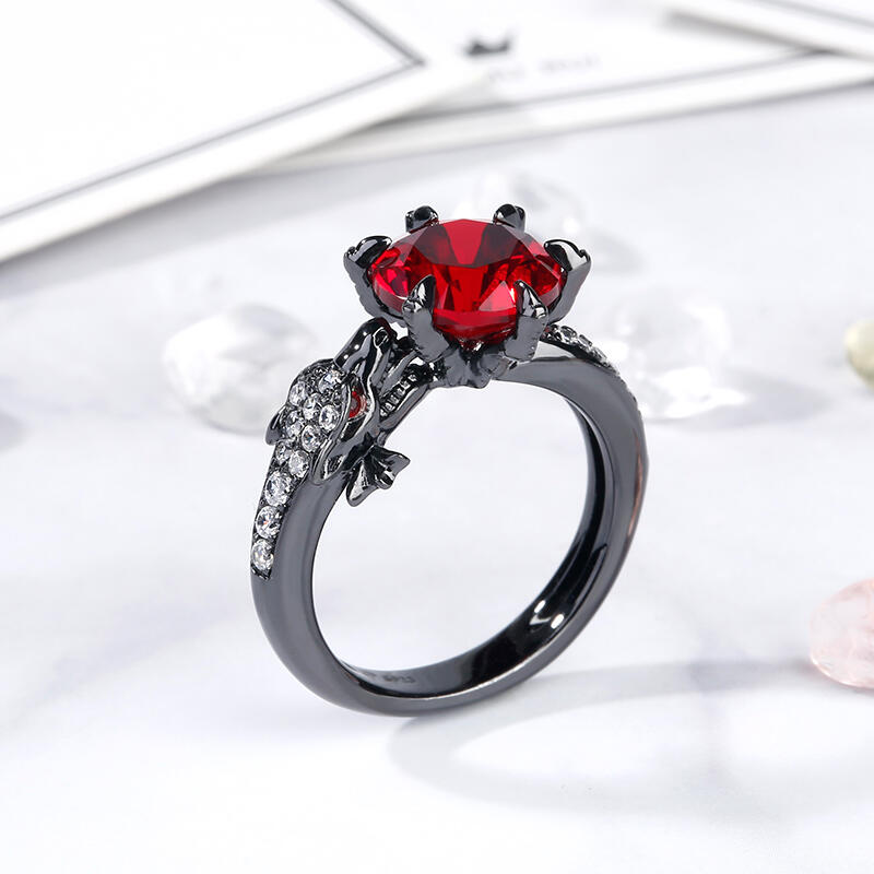 Jeulia Anillo De Dragón De Plata Con Color Negro En Talla De Redonda Con Piedra Roja